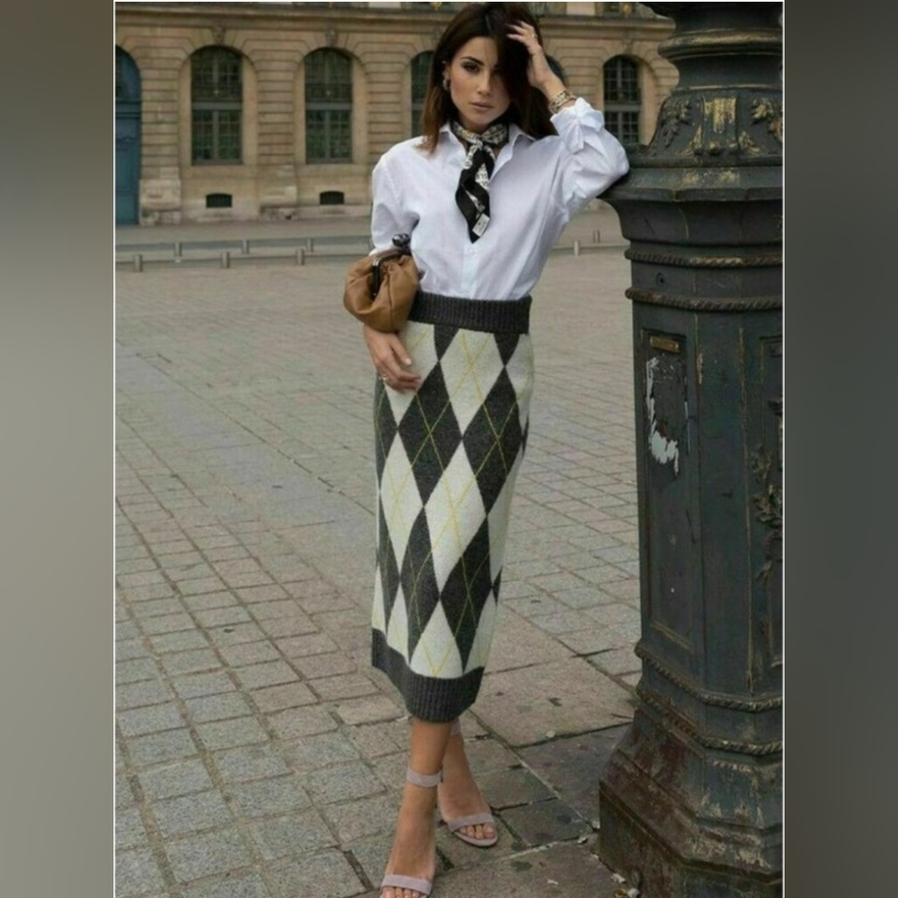 Pringle of Scotland X H&M Gray & Yellow Argyle Knit Midi Skirt Back Slit Size S